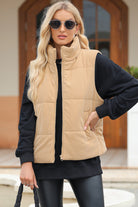 Pocketed Zip Up Turtleneck Vest Coat - Tan / S