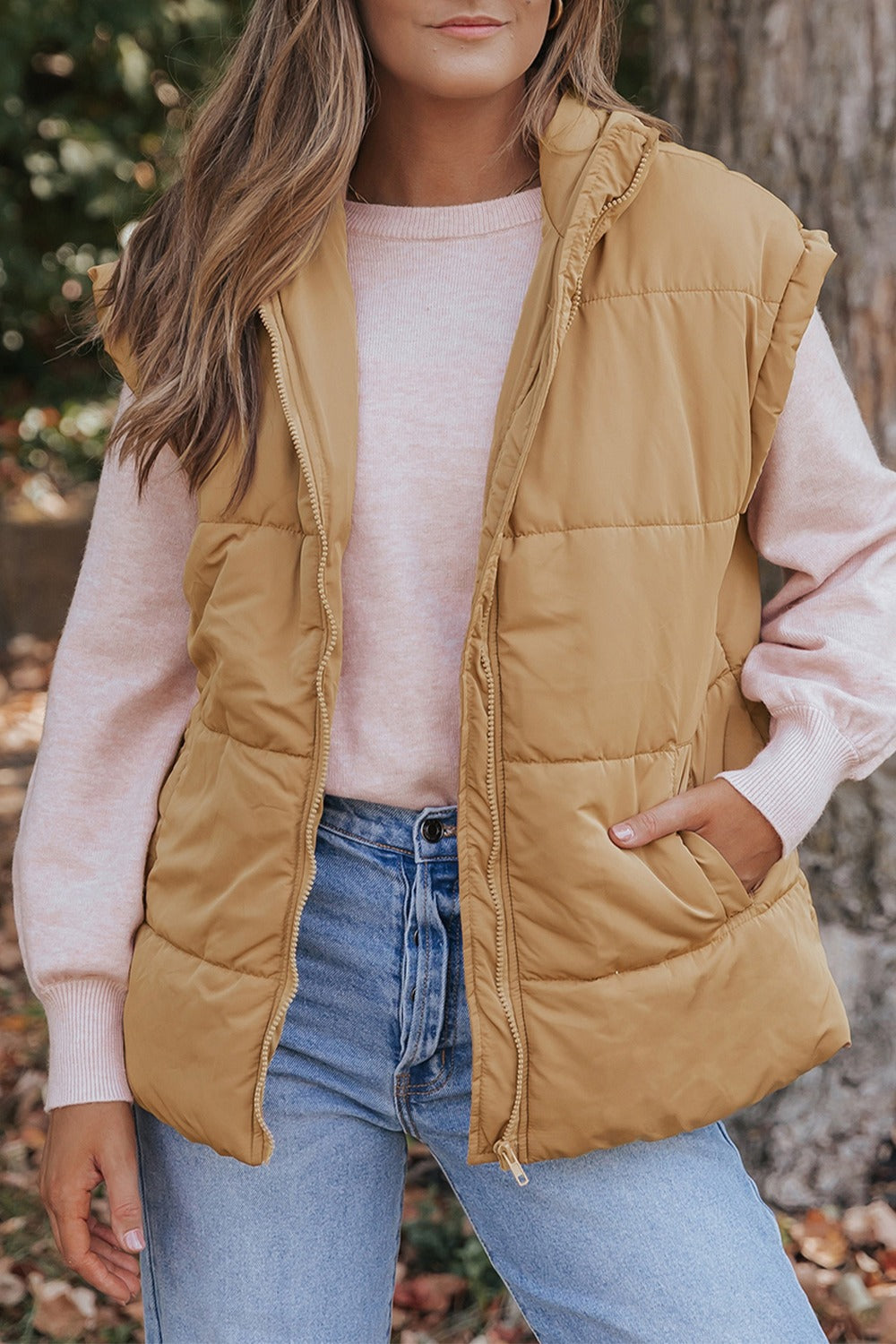 Pocketed Zip Up Vest Coat - Tan / S