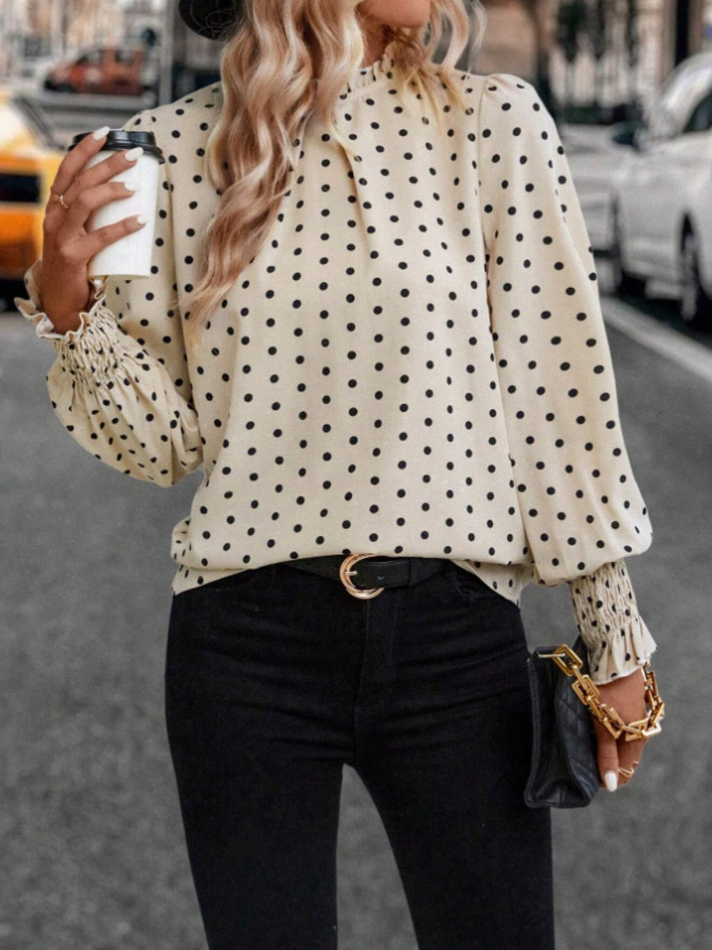 Polka Dot Mock Neck Long Sleeve Blouse - Tan / S