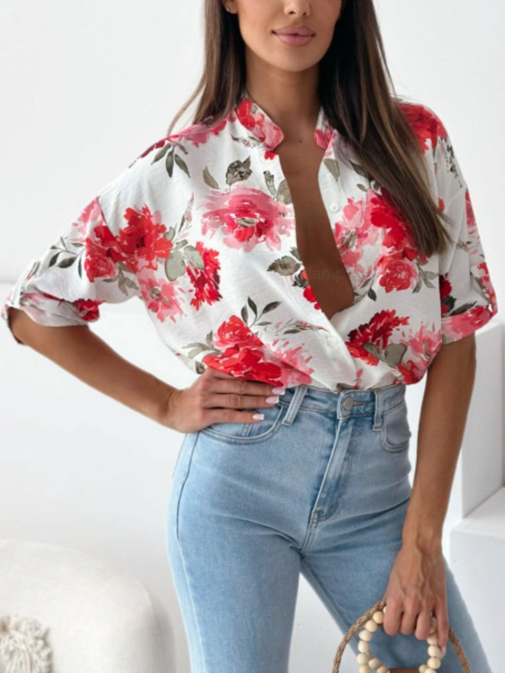 Printed Button Up Half Sleeve Shirt - Deep Red / S