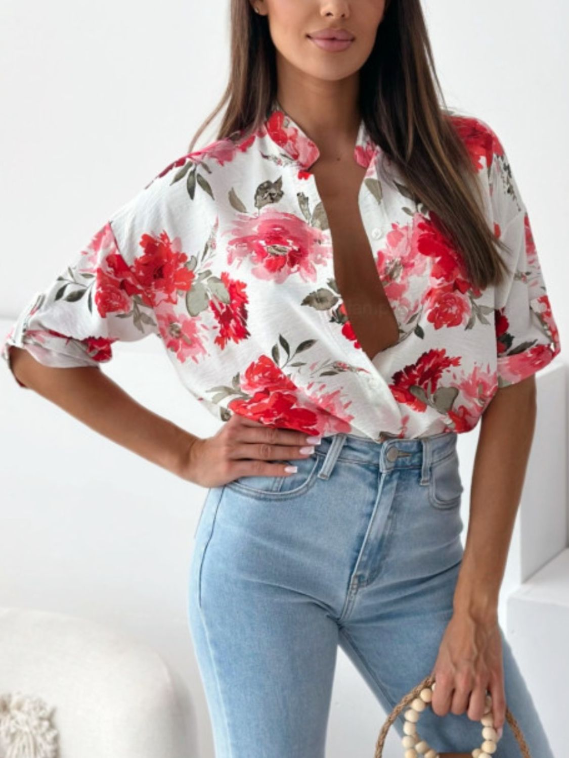 Printed Button Up Half Sleeve Shirt - Deep Red / S