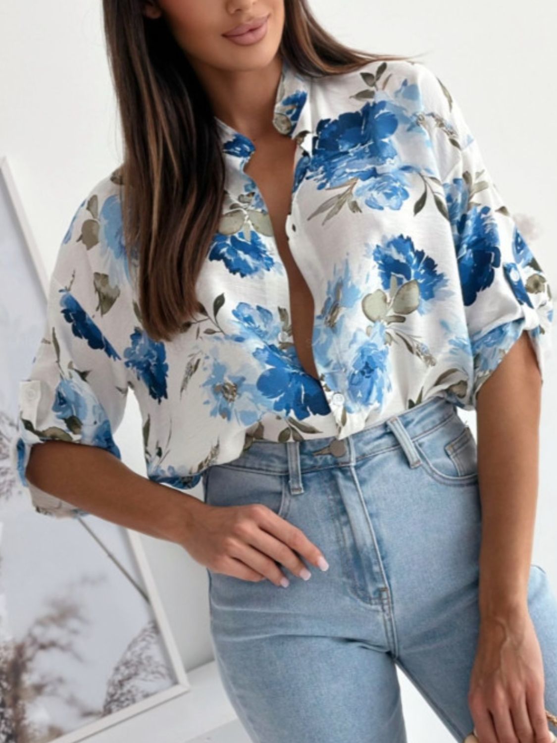 Printed Button Up Half Sleeve Shirt - Royal Blue / S