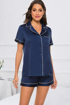 Printed Button Up Short Sleeve Top and Shorts Lounge Set - Dark Blue / S