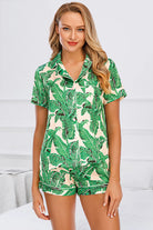 Printed Button Up Short Sleeve Top and Shorts Lounge Set - Green / S