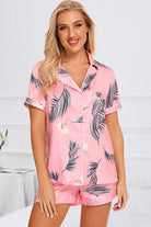 Printed Button Up Short Sleeve Top and Shorts Lounge Set - Pink / S