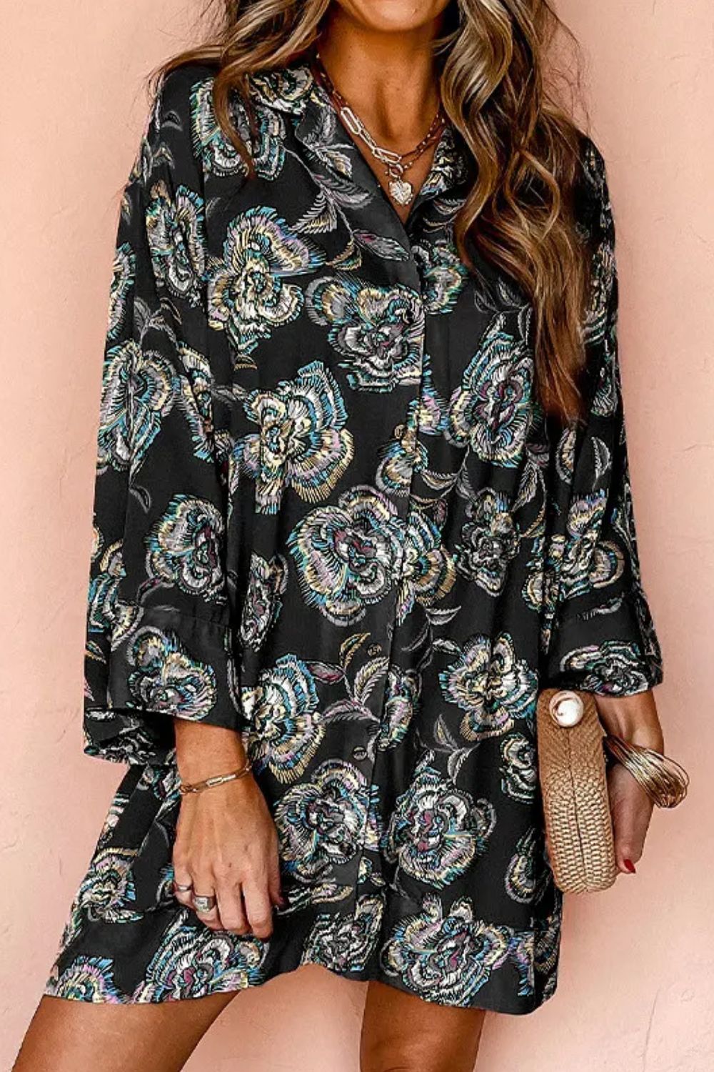 Printed Button Up Three-Quarter Sleeve Shirt Dress - Black / S