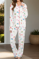 Printed Collared Neck Long Sleeve Top and Pants Lounge Set - White / S