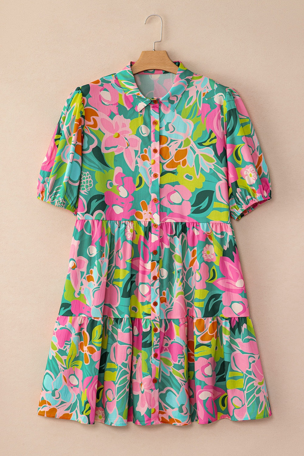 Printed Collared Neck Puff Sleeve Mini Dress - Floral / S