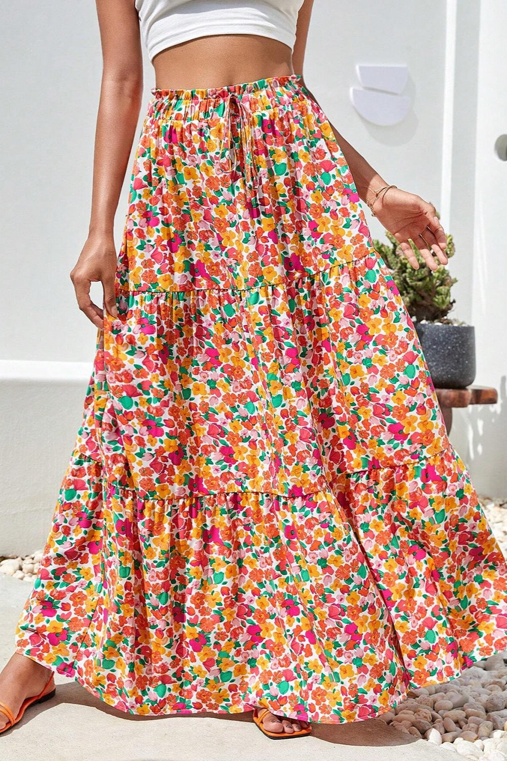 Printed Elastic Waist Maxi Skirt - Floral / S