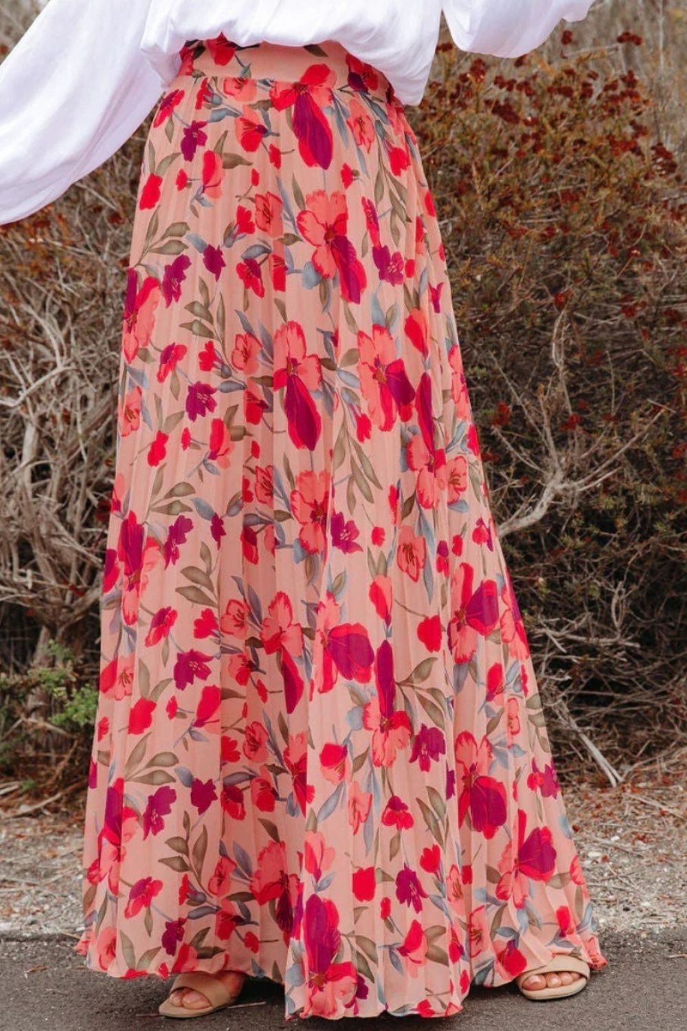 Printed Elastic Waist Pleated Maxi Skirt - Hot Pink / S