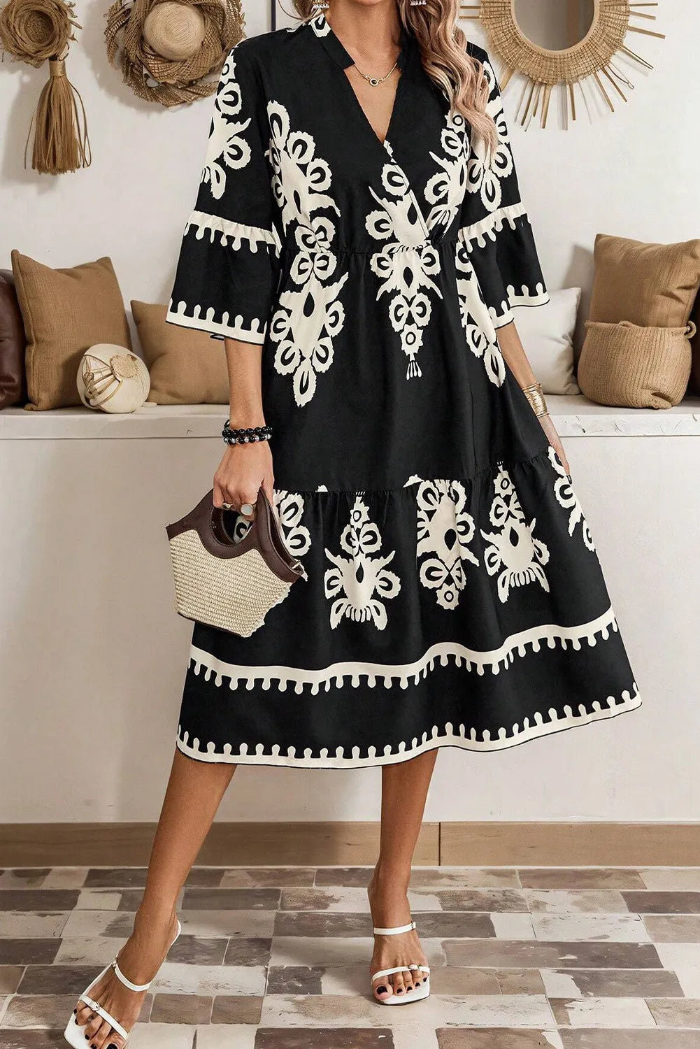 Printed Half Sleeve Knee Length Dress - Black / S