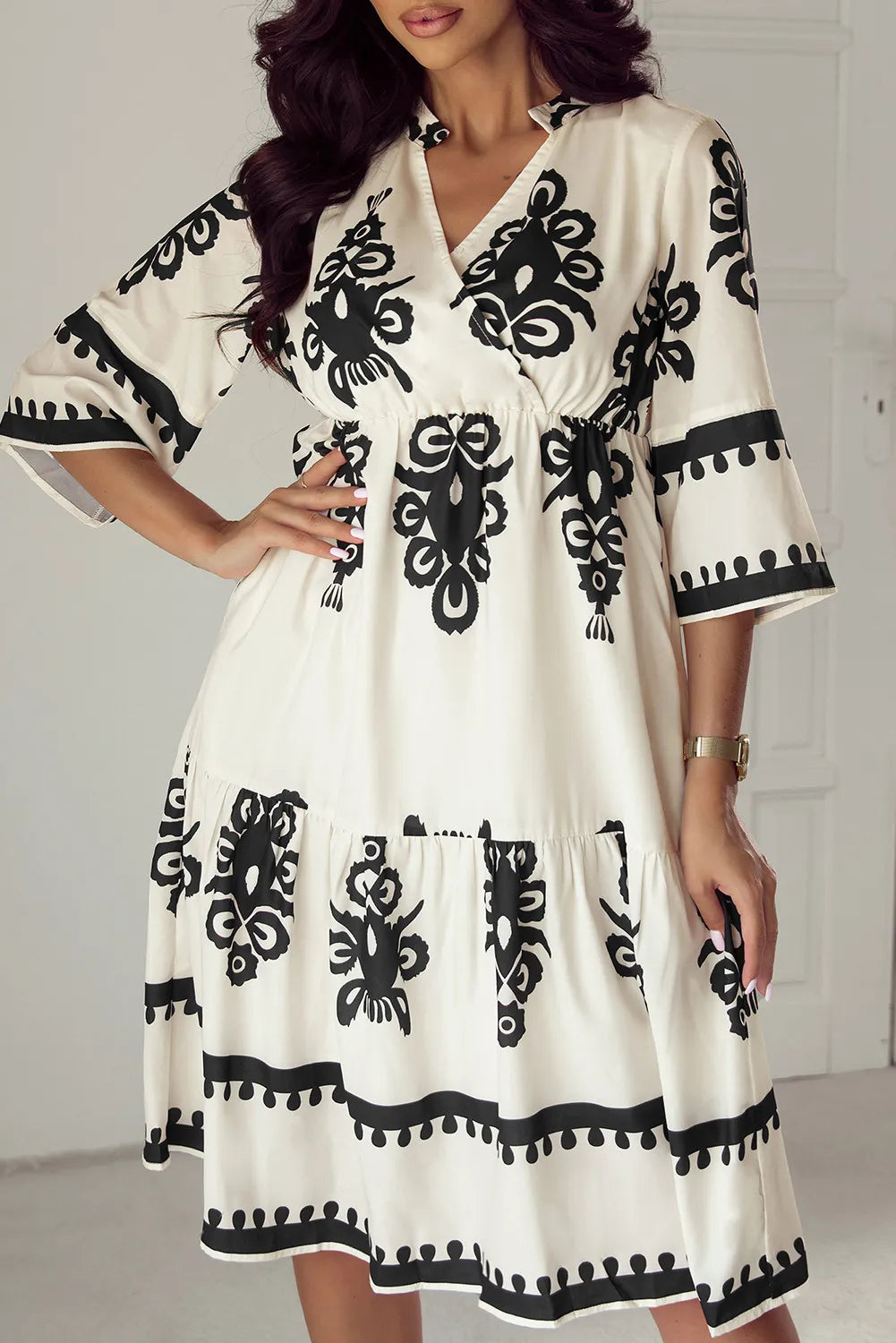 Printed Half Sleeve Knee Length Dress - Ivory / S