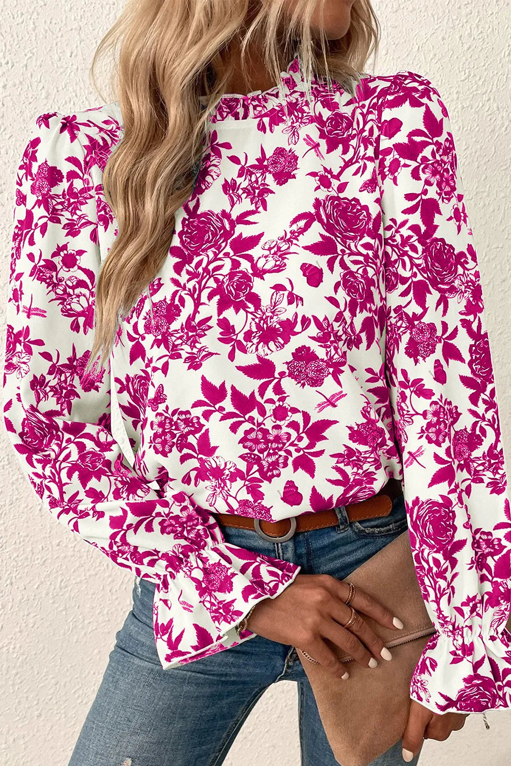 Printed Mock Neck Flounce Sleeve Blouse - Deep Rose / XL