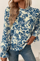 Printed Mock Neck Flounce Sleeve Blouse - Peacock Blue / S