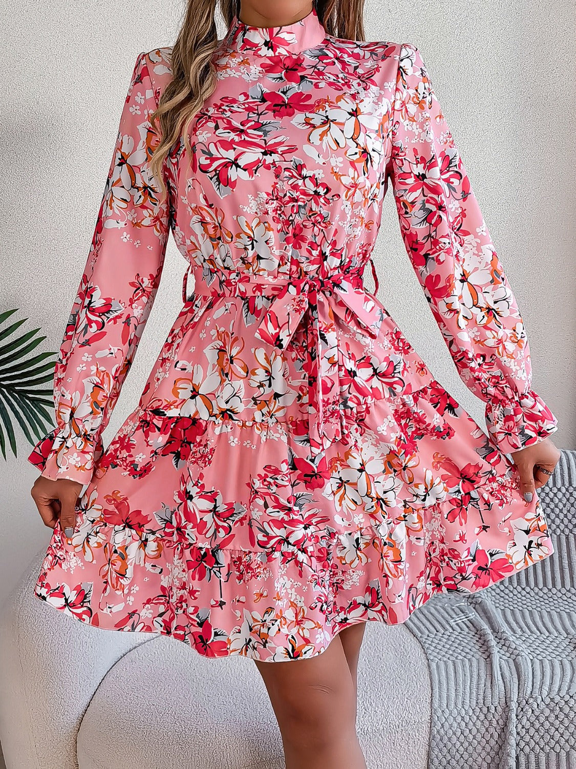 Printed Mock Neck Flounce Sleeve Mini Dress - Deep Rose / S