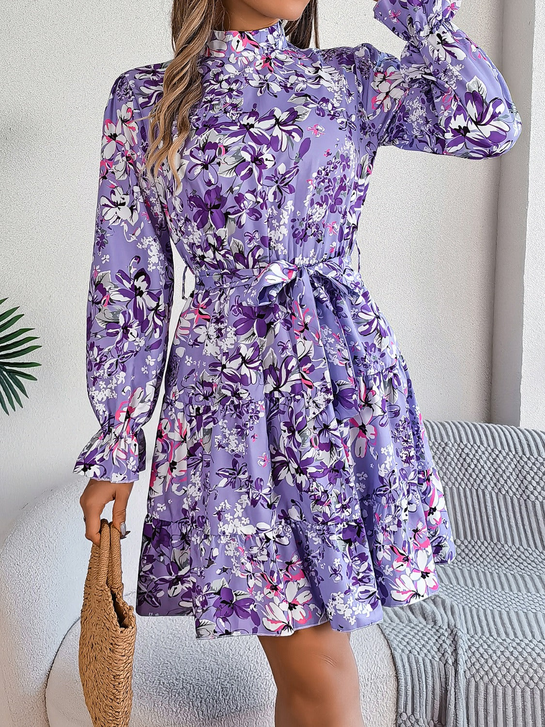 Printed Mock Neck Flounce Sleeve Mini Dress - Lavender / S