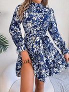 Printed Mock Neck Flounce Sleeve Mini Dress - Navy / S