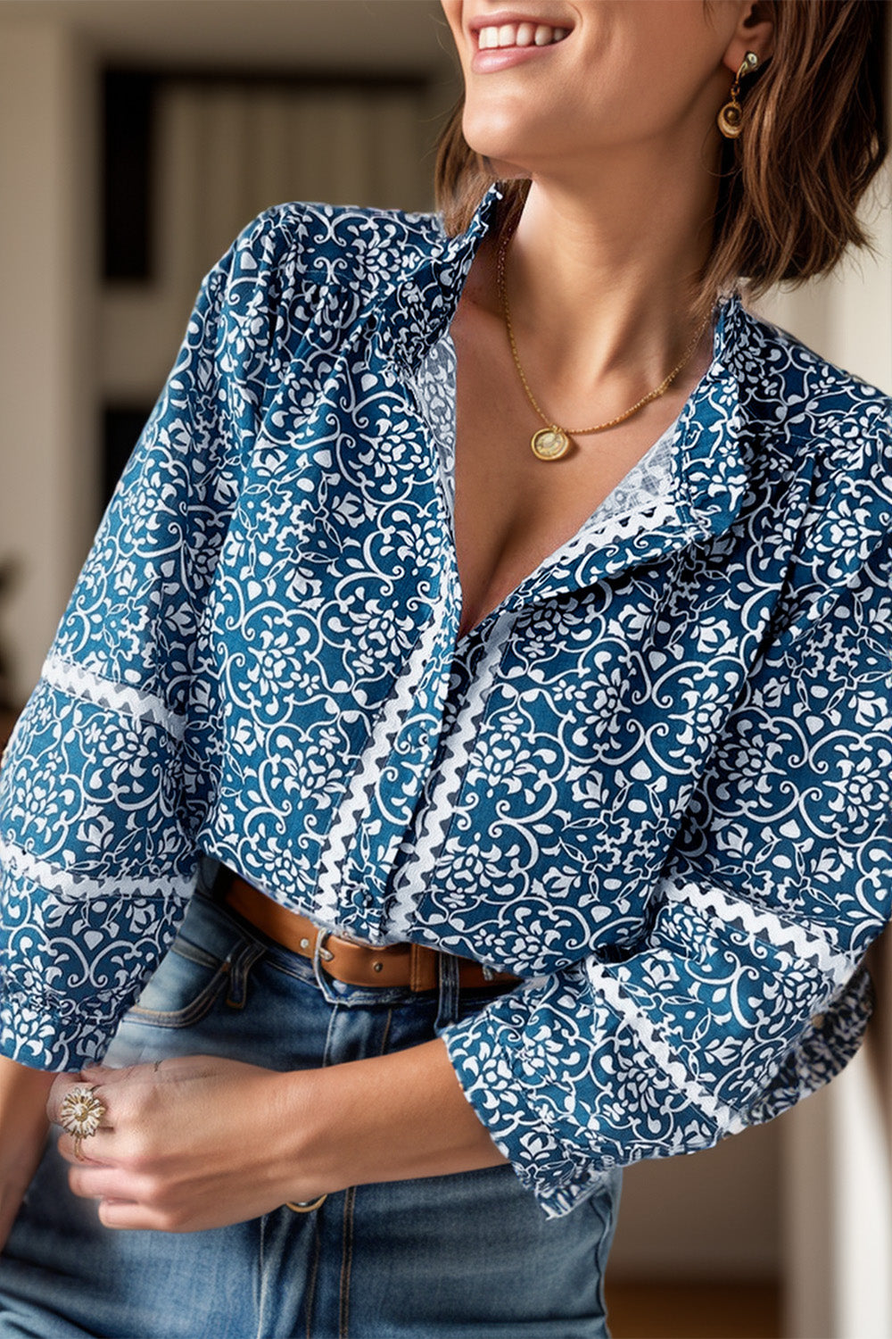 Printed Mock Neck Long Sleeve Blouse - Peacock Blue / S