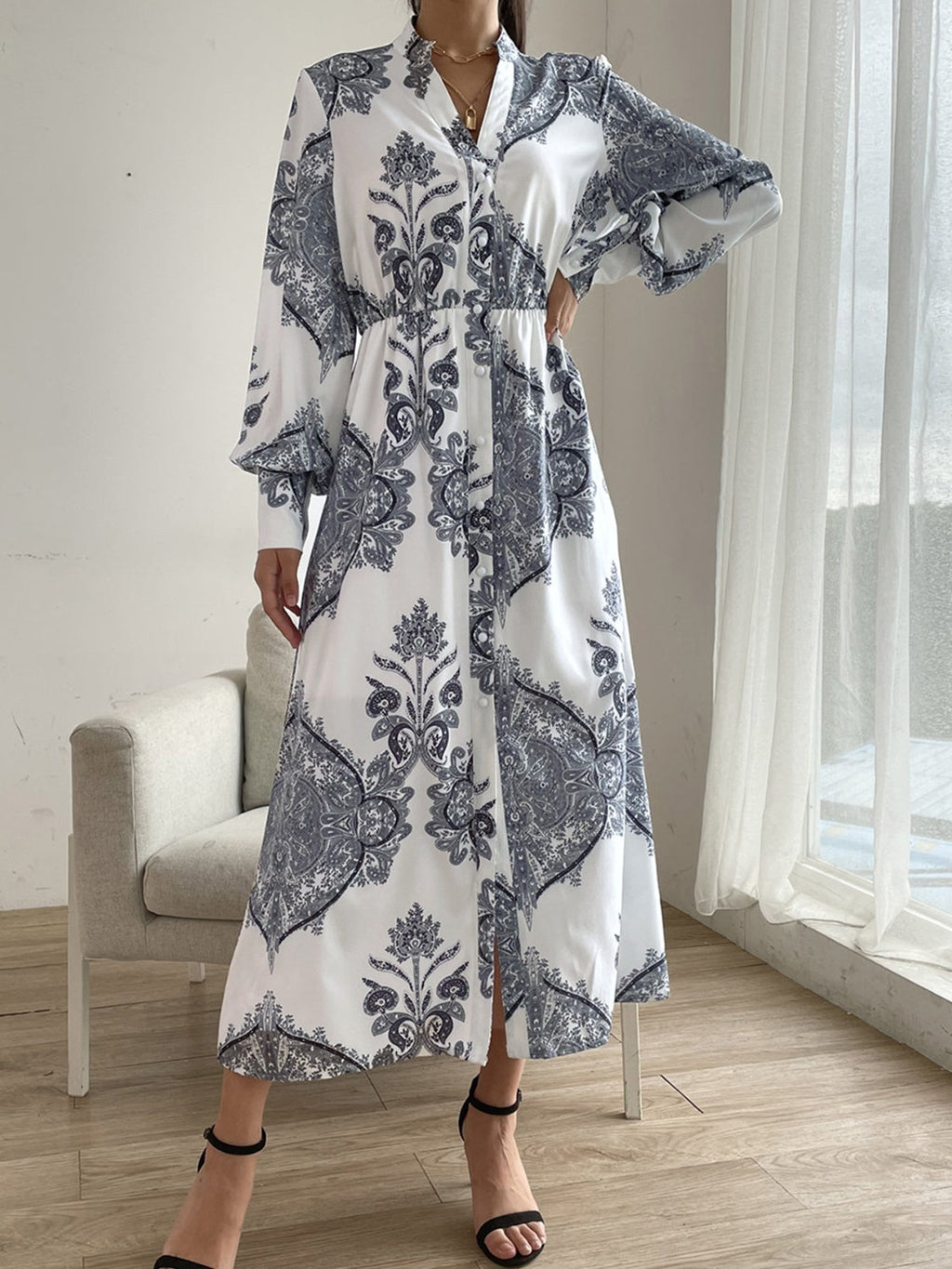 Printed Notched Lantern Sleeve Midi Dress - White / S