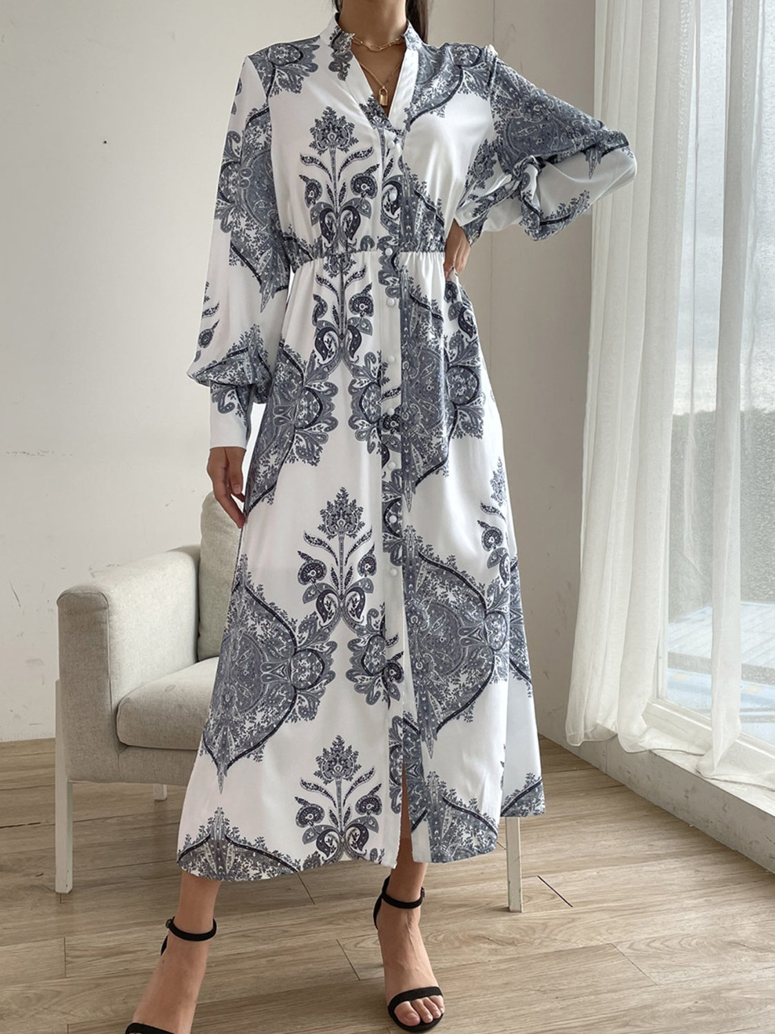 Printed Notched Lantern Sleeve Midi Dress - White / S
