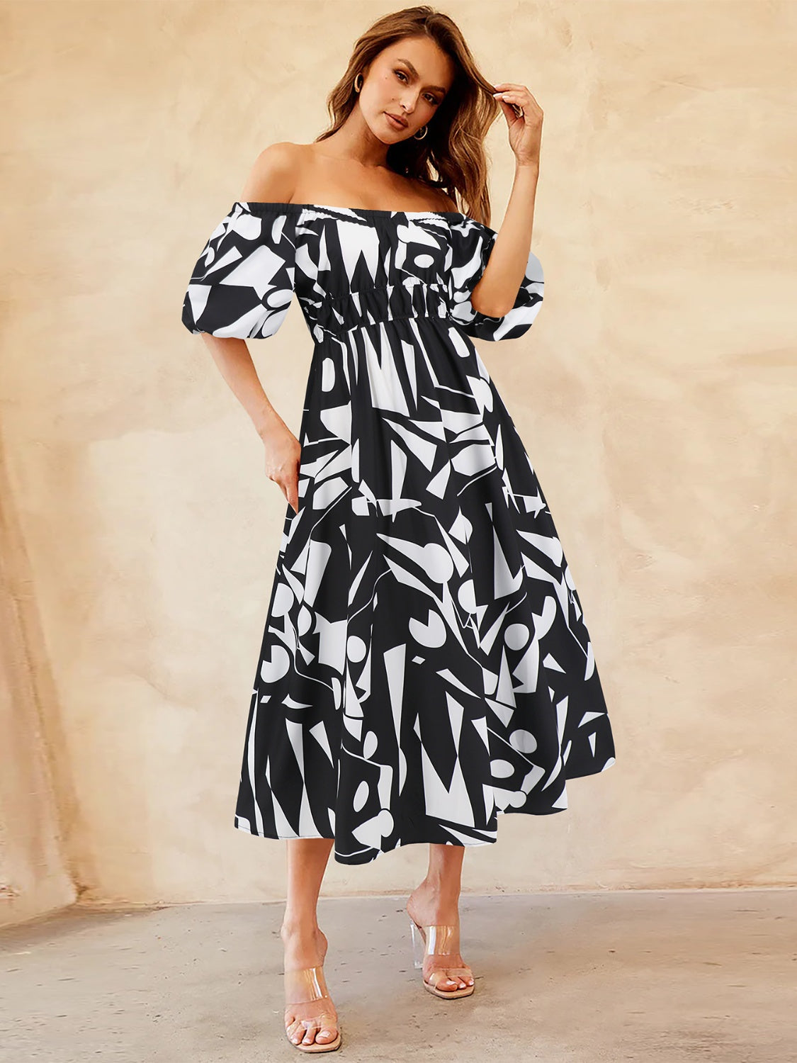 Printed Off-Shoulder Balloon Sleeve Dress - Black / S