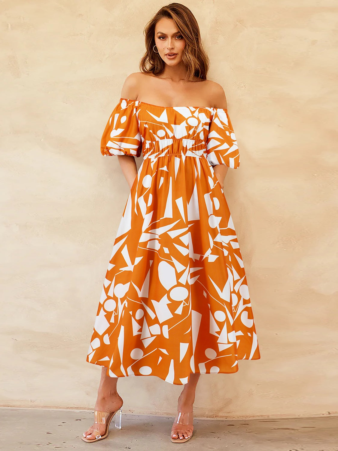 Printed Off-Shoulder Balloon Sleeve Dress - Caramel / S