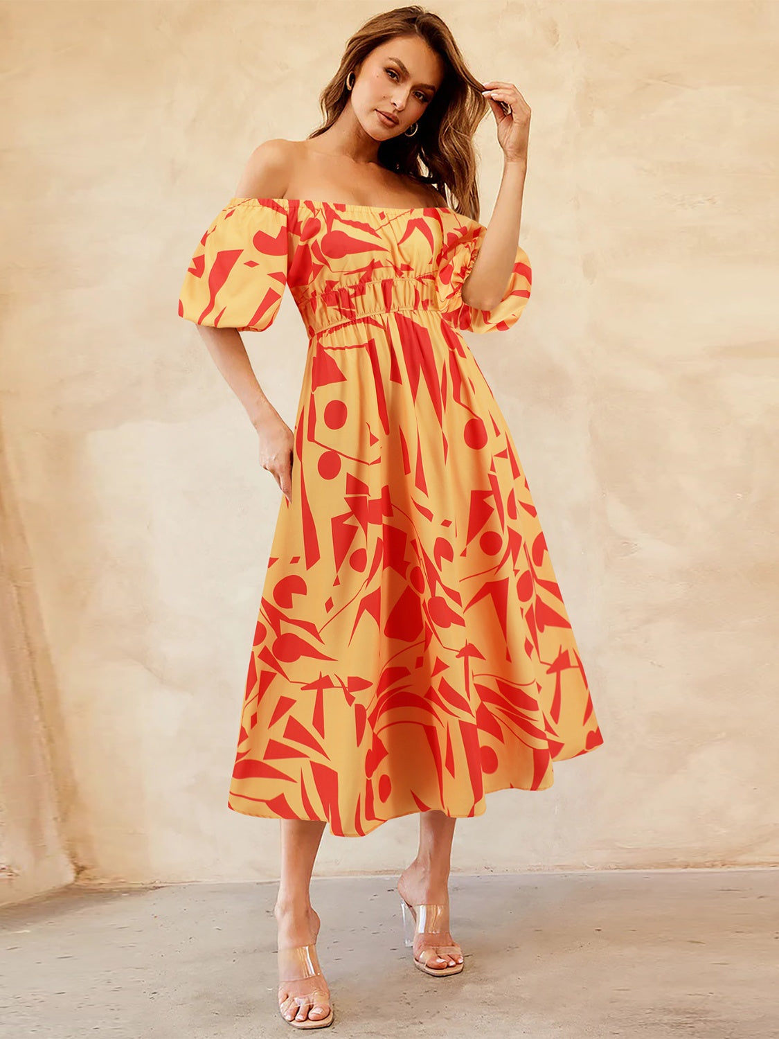 Printed Off-Shoulder Balloon Sleeve Dress - Orange-Red / S