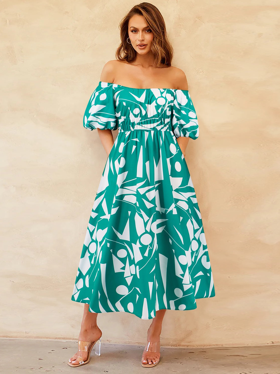 Printed Off-Shoulder Balloon Sleeve Dress - Teal / S