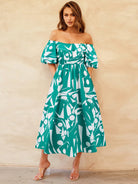 Printed Off-Shoulder Balloon Sleeve Dress - Teal / S