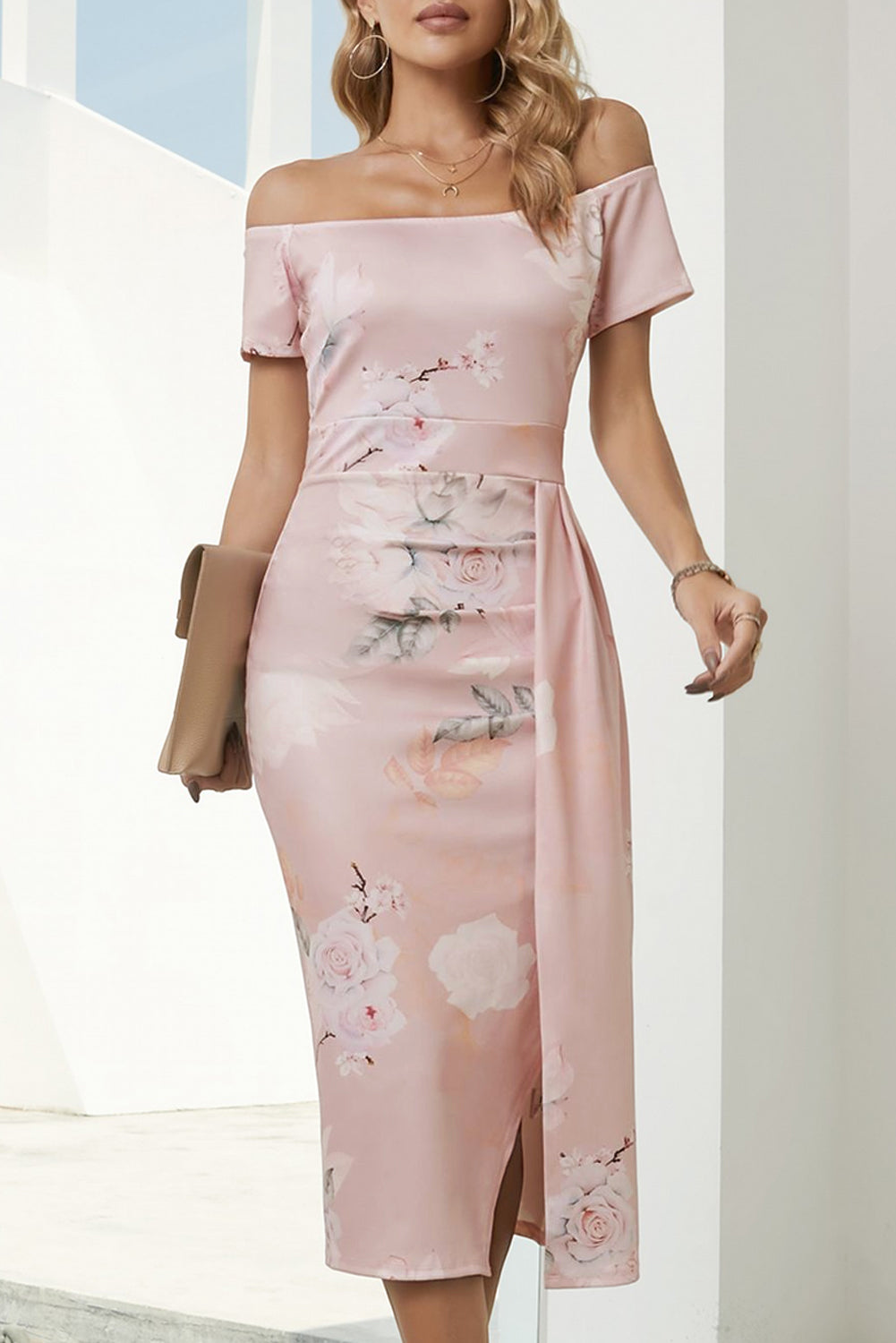 Printed Off-Shoulder Split Dress - Blush Pink / S