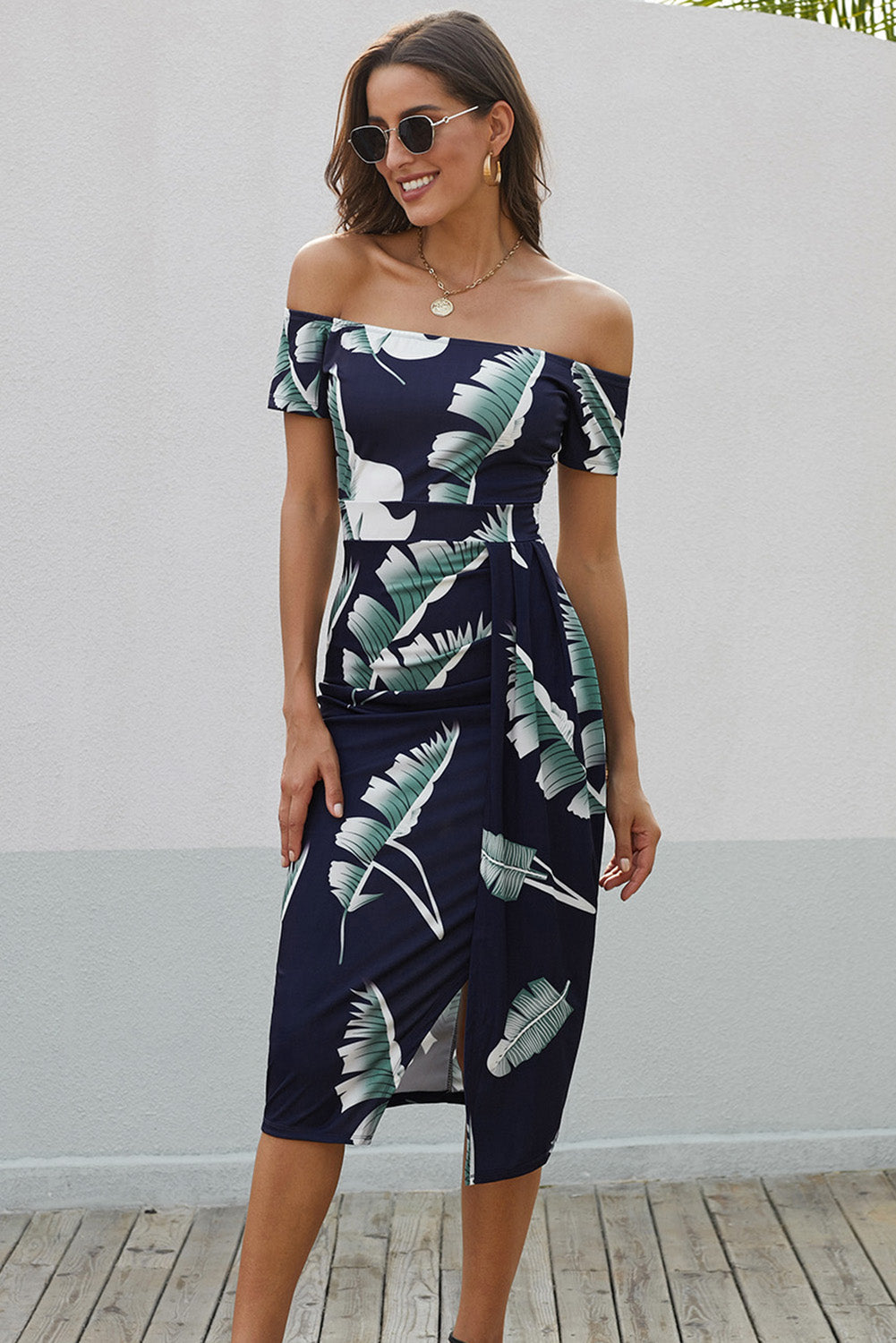 Printed Off-Shoulder Split Dress - Dark Navy / S