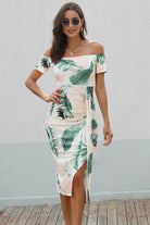 Printed Off-Shoulder Split Dress - White / S