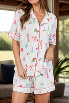 Printed Short Sleeve Top and Shorts Lounge Set - White / S