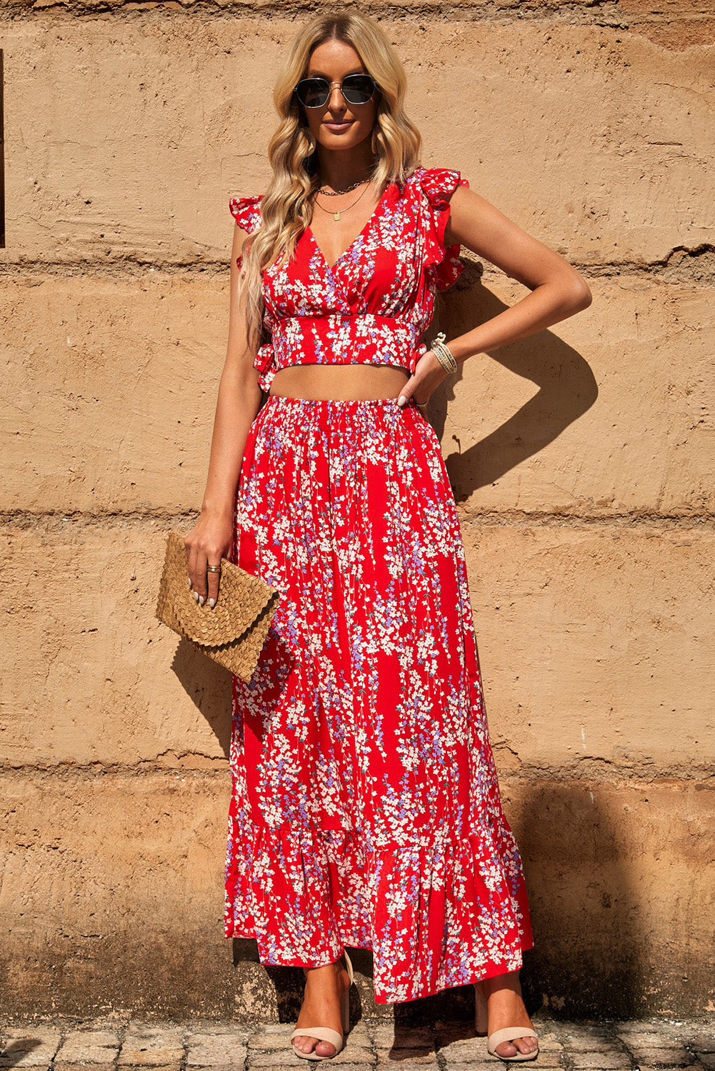 Printed Tie Back Cropped Top and Maxi Skirt Set - Red / S