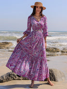 Printed Tie Neck Balloon Sleeve Maxi Dress - Heliotrope Purple / S