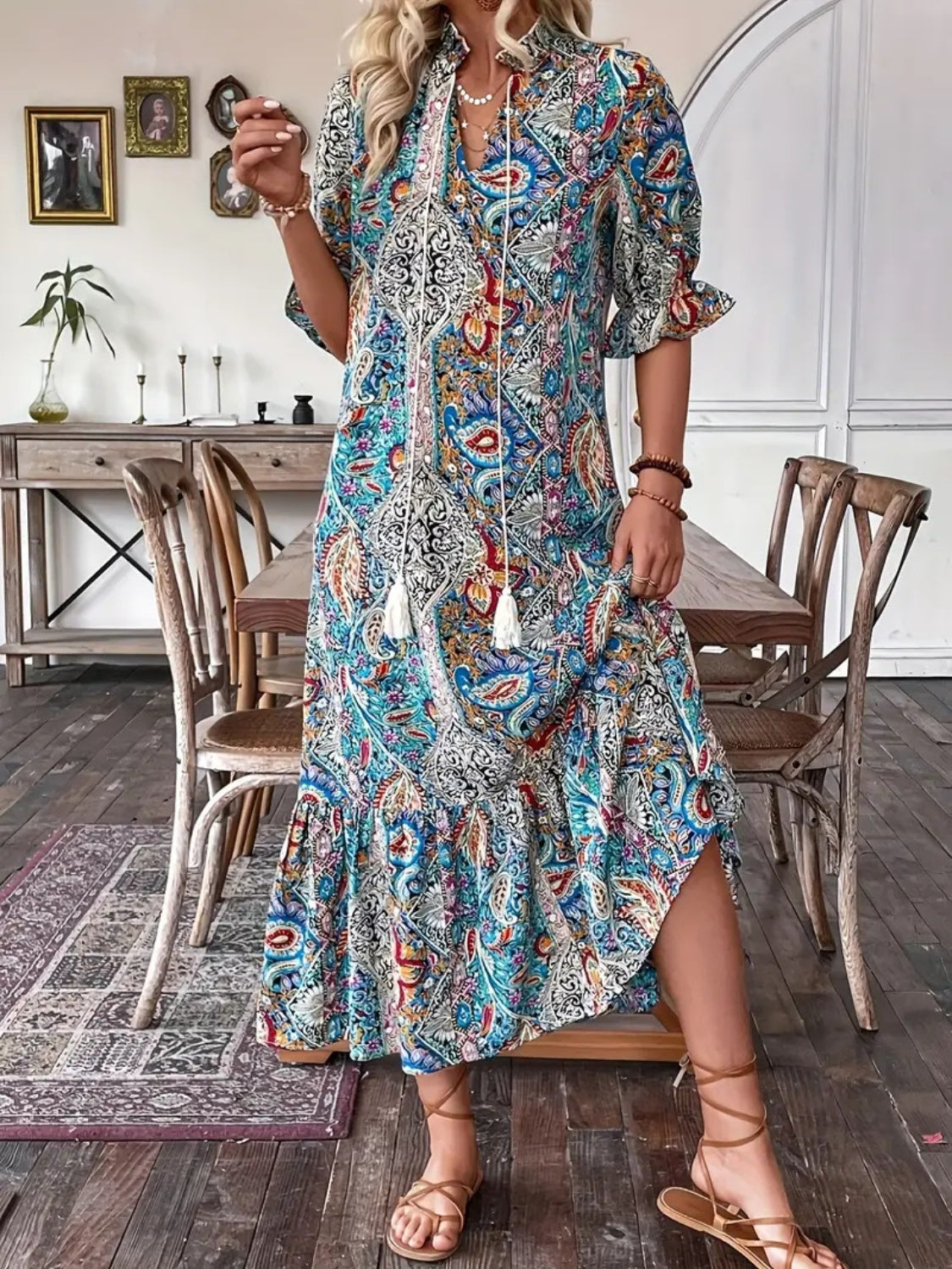 Printed Tie Neck Flounce Sleeve Midi Dress - French Blue / S
