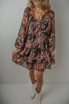 Printed Tie Neck Long Sleeve Mini Dress