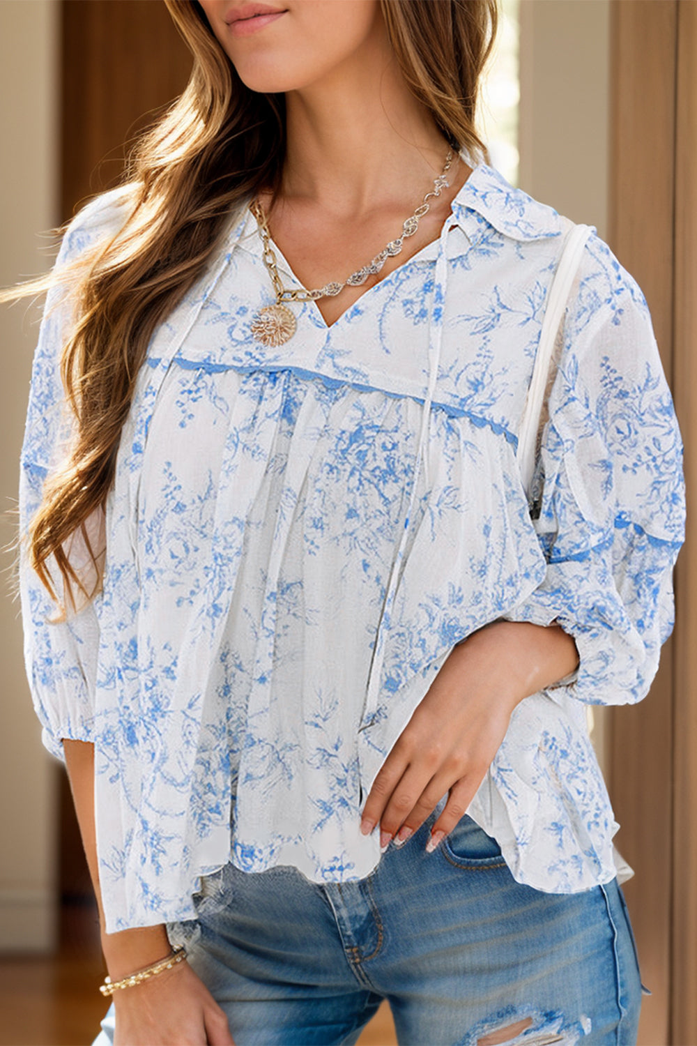 Printed Tie Neck Three-Quarter Sleeve Blouse - White / S
