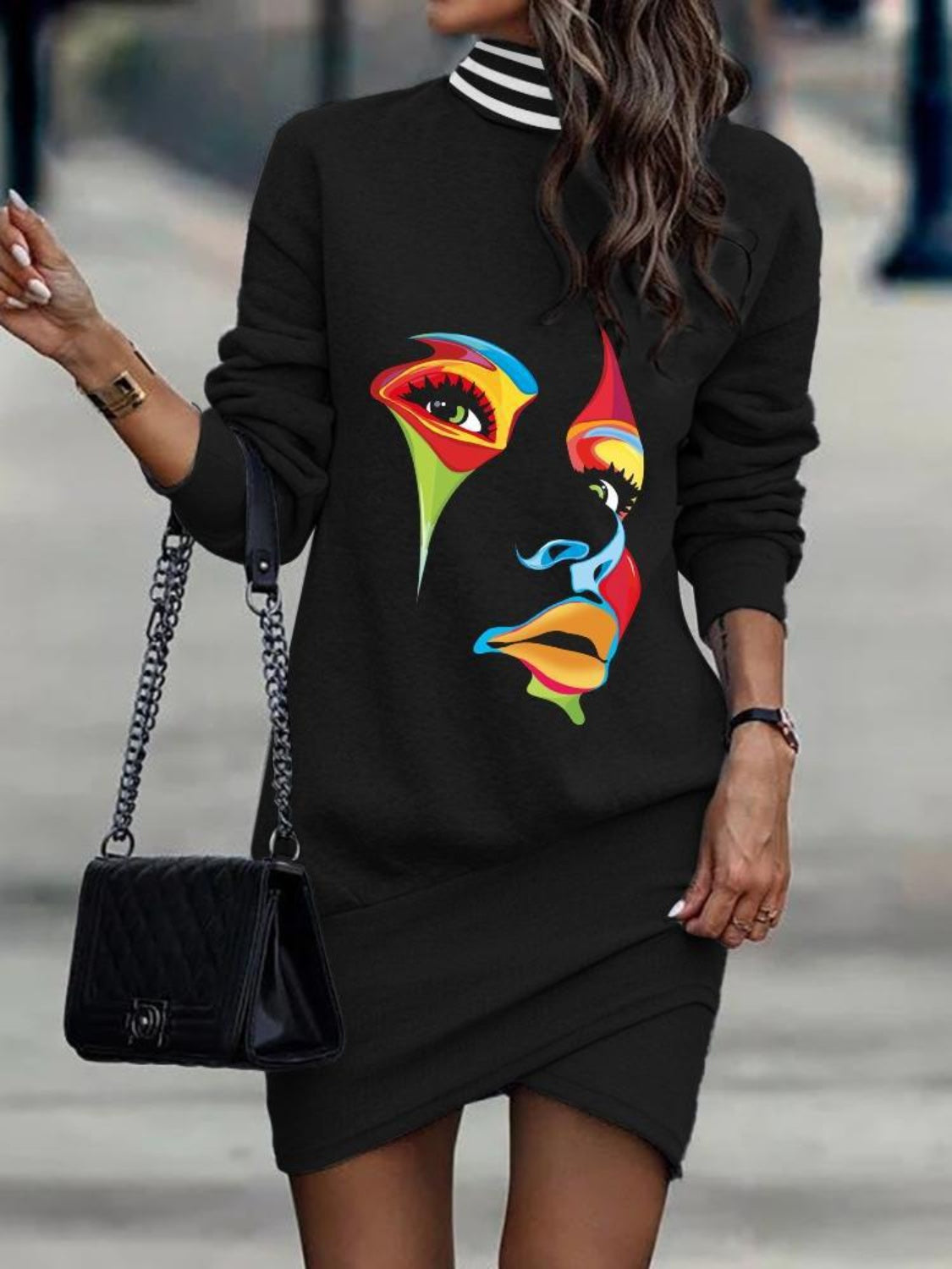 Printed Turtleneck Long Sleeve Mini Dress - Black / S