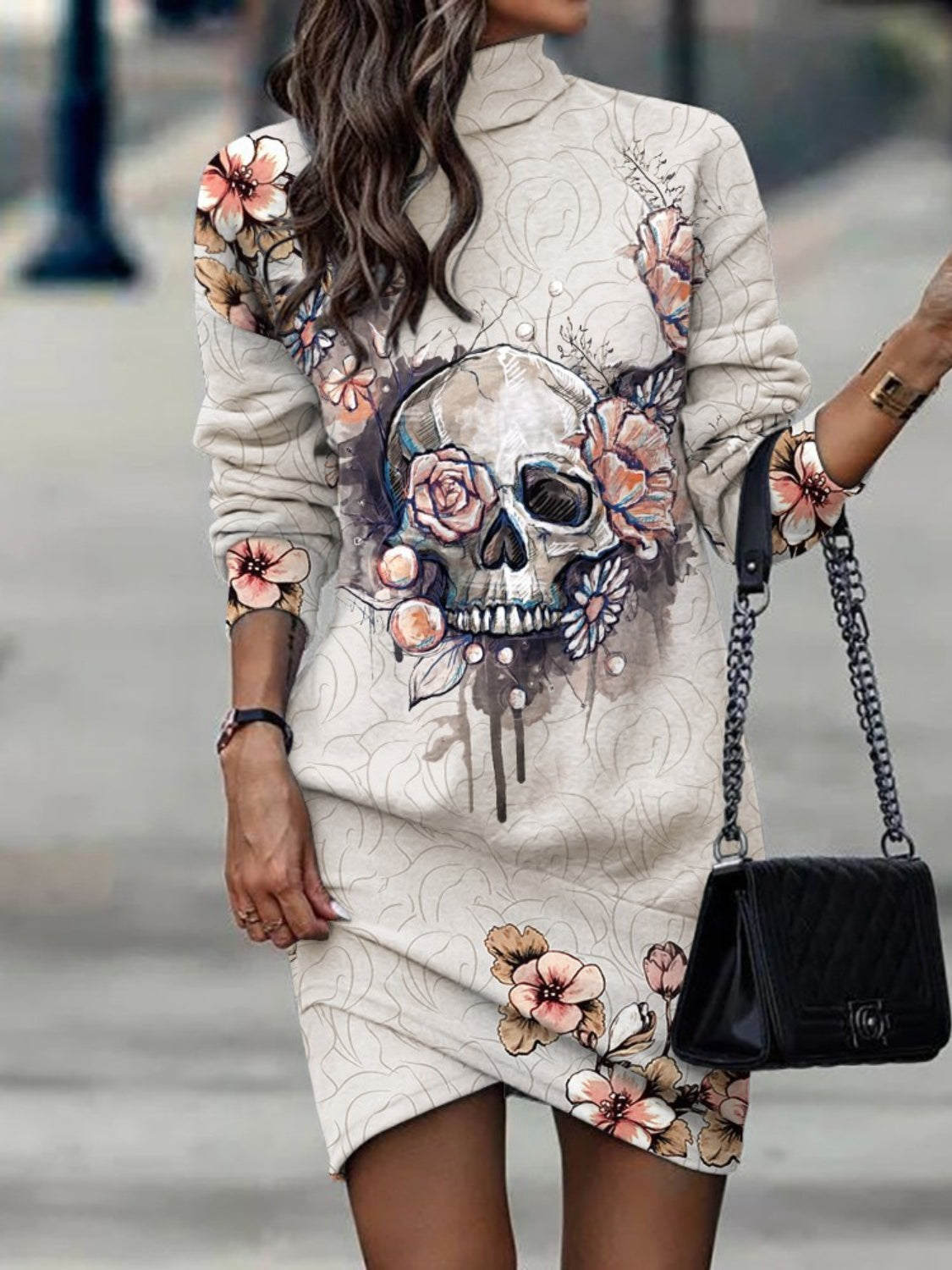 Printed Turtleneck Long Sleeve Mini Dress - Light Gray / S