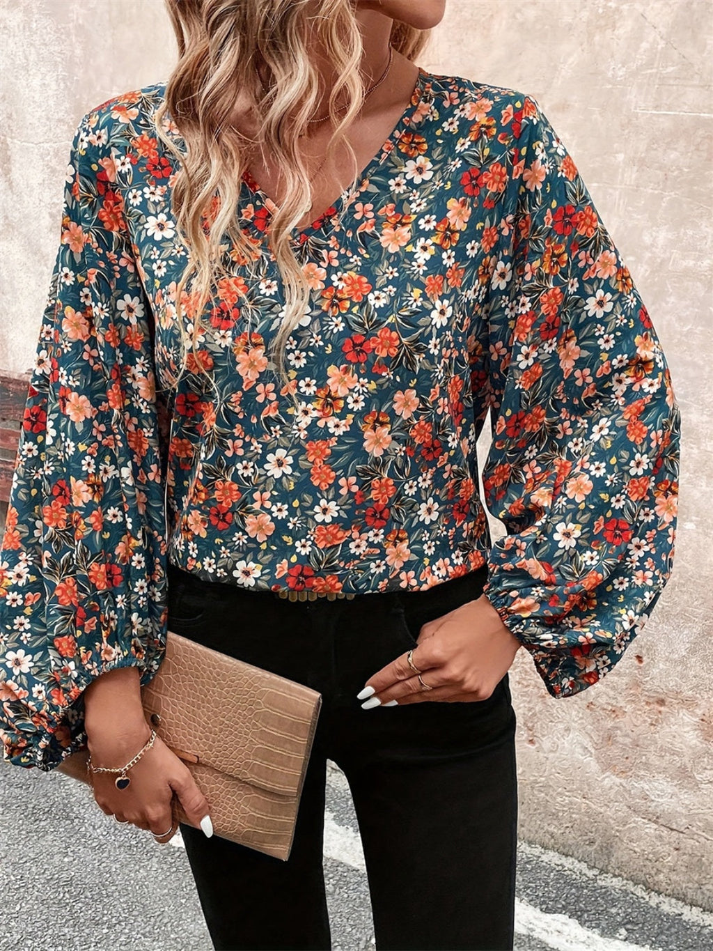 Printed V-Neck Balloon Sleeve Blouse - French Blue / S