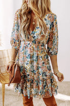 Printed V-Neck Half Sleeve Dress - Floral / S