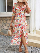 Printed V-Neck Half Sleeve Midi Dress - Multicolor / S