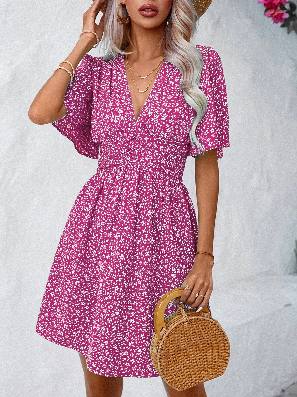 Printed V-Neck Half Sleeve Mini Dress - Deep Rose / S