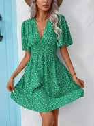 Printed V-Neck Half Sleeve Mini Dress - Green / S