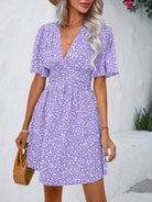 Printed V-Neck Half Sleeve Mini Dress - Lavender / S