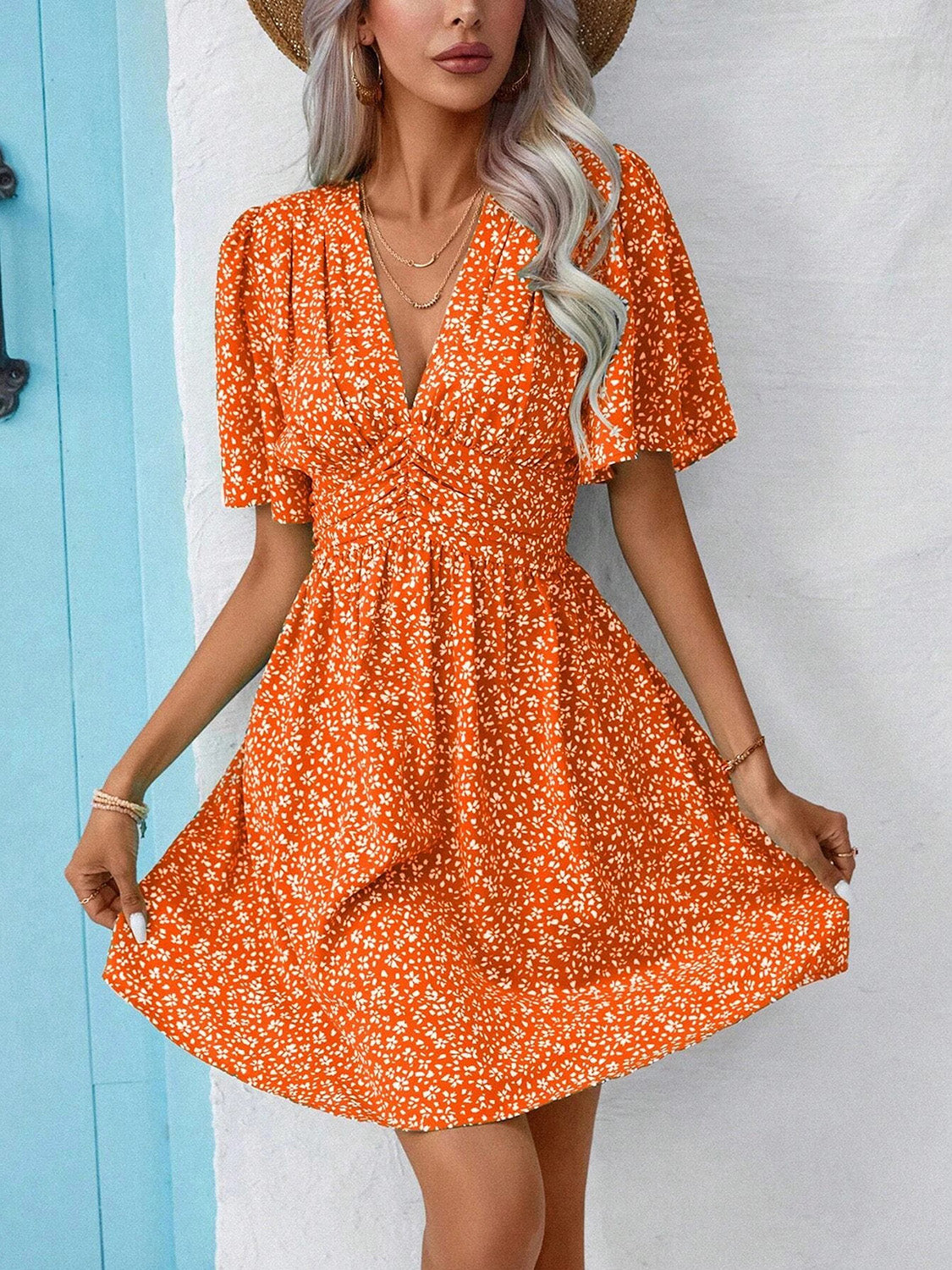 Printed V-Neck Half Sleeve Mini Dress - Orange / S