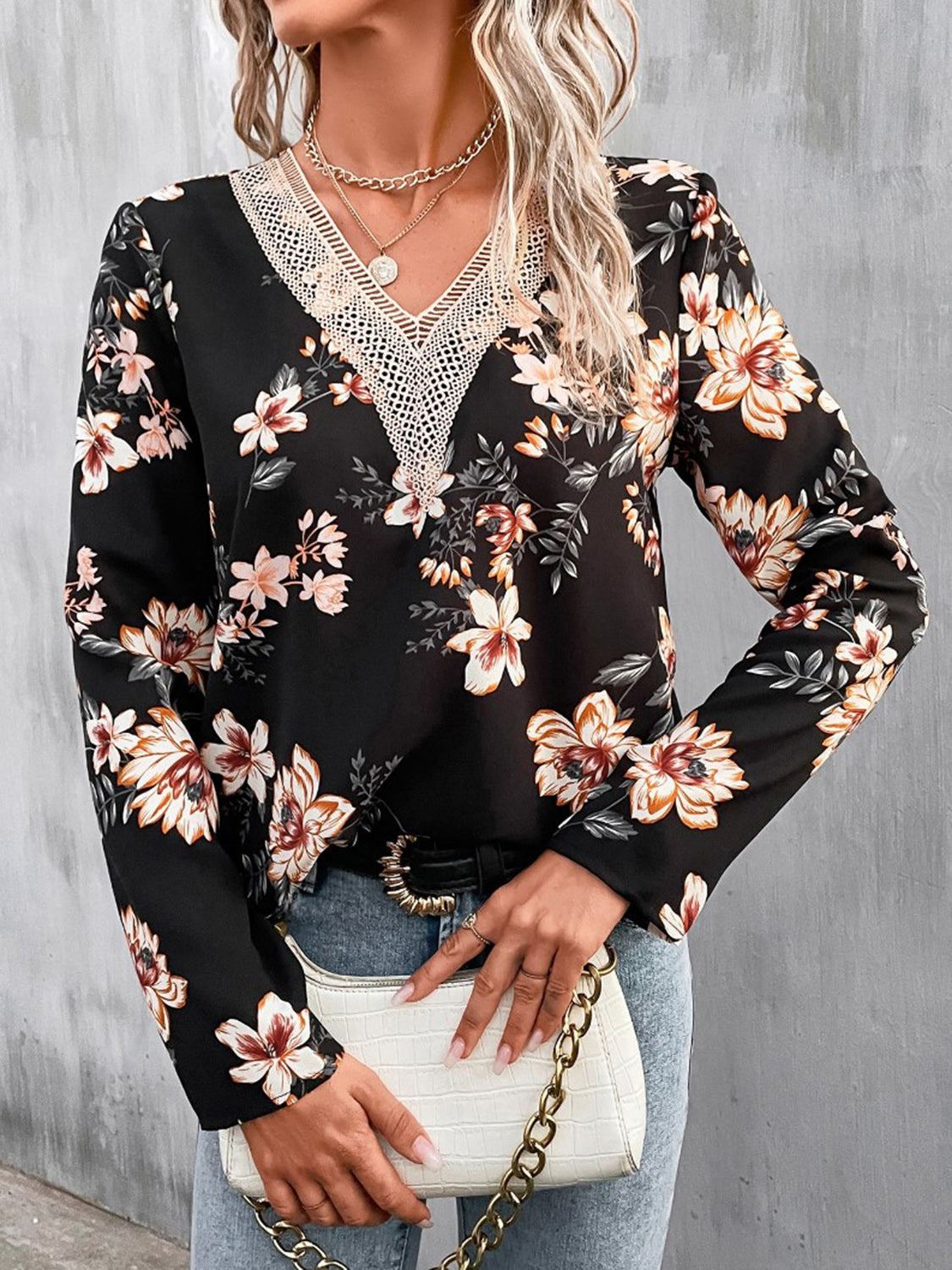 Printed V-Neck Long Sleeve Blouse - Black / S