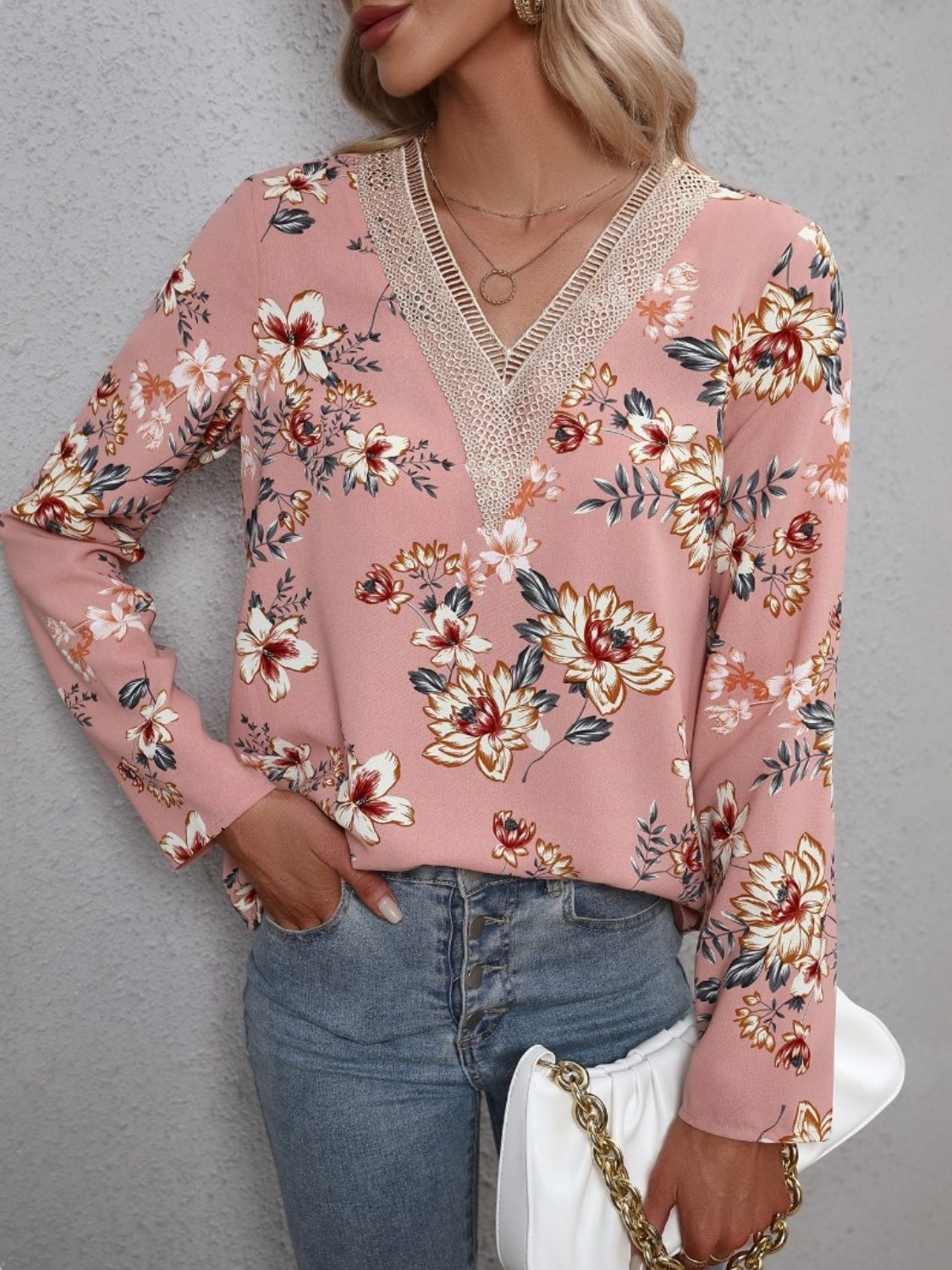 Printed V-Neck Long Sleeve Blouse - Dusty Pink / S