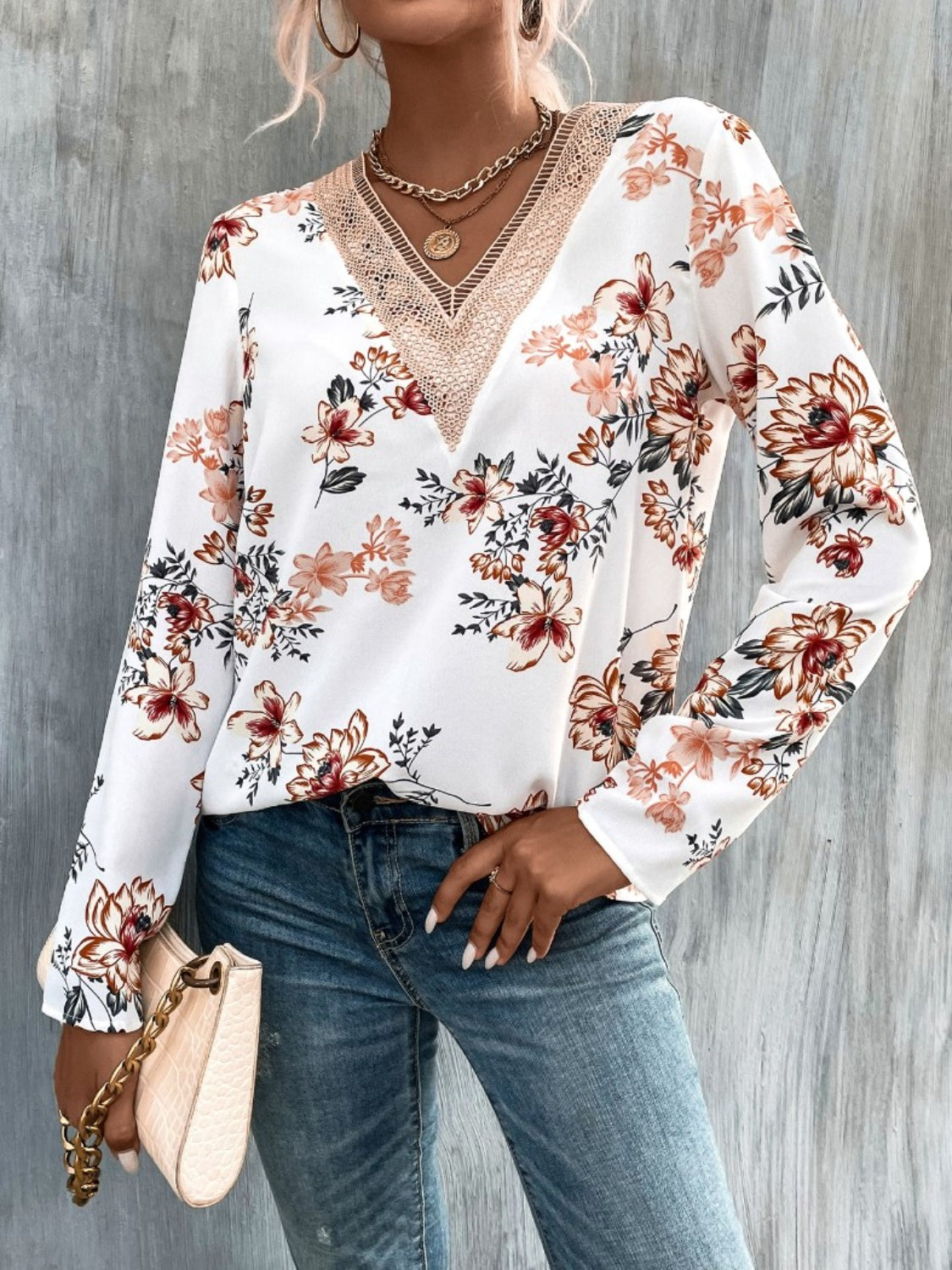 Printed V-Neck Long Sleeve Blouse - White / S